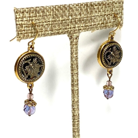 Earrings Dangles Drops Gold Tone Purple Crystals Buttons - Picture 5 of 11